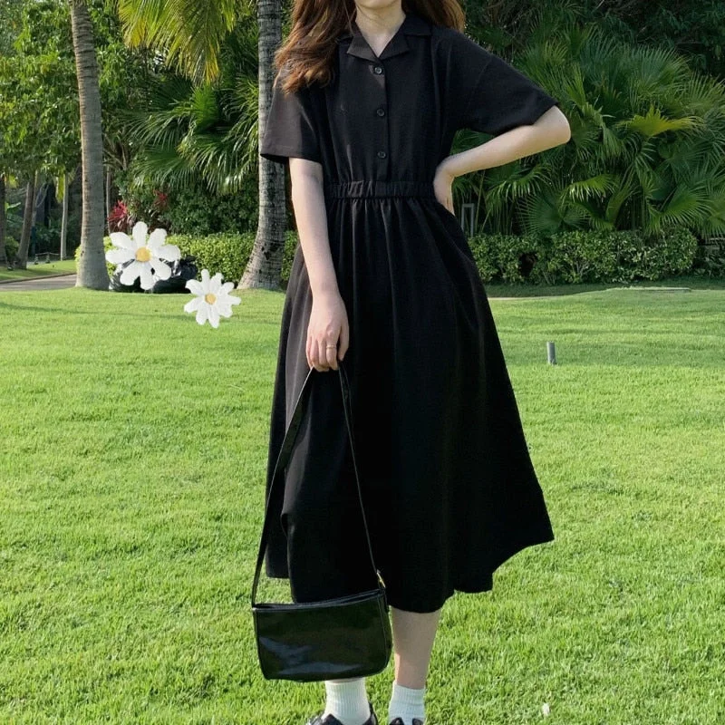 Dress Women Summer Minimalist Black Midi Maxi Temperament Ulzzang Fashion Chic A-line Party Romance Loose Tunic Newest Leisure