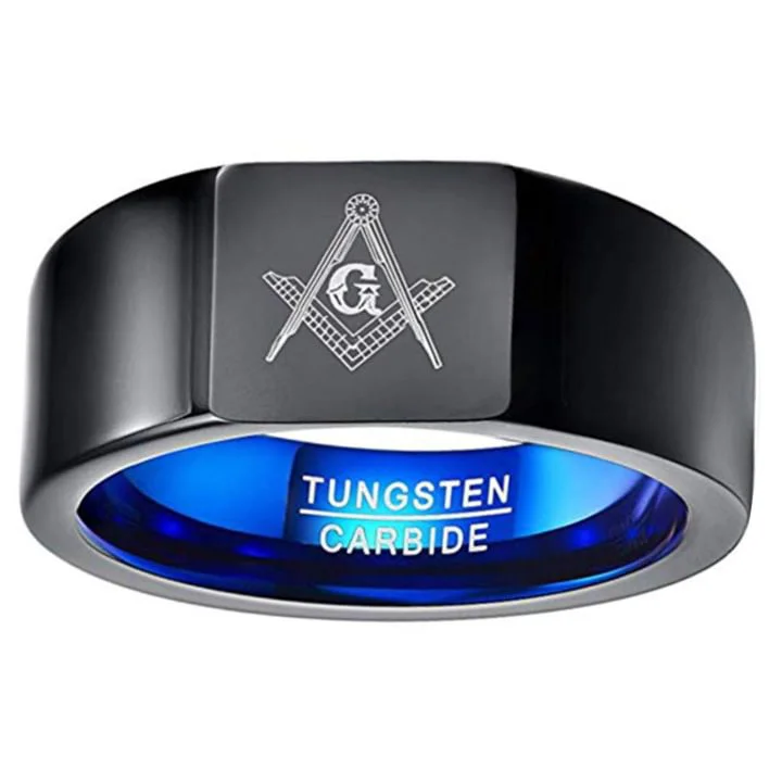 6MM 8MM 10MM Mens Women Vintage Masonic Rings Tungsten Carbide Black Square Freemason Symbol High Polished Couple