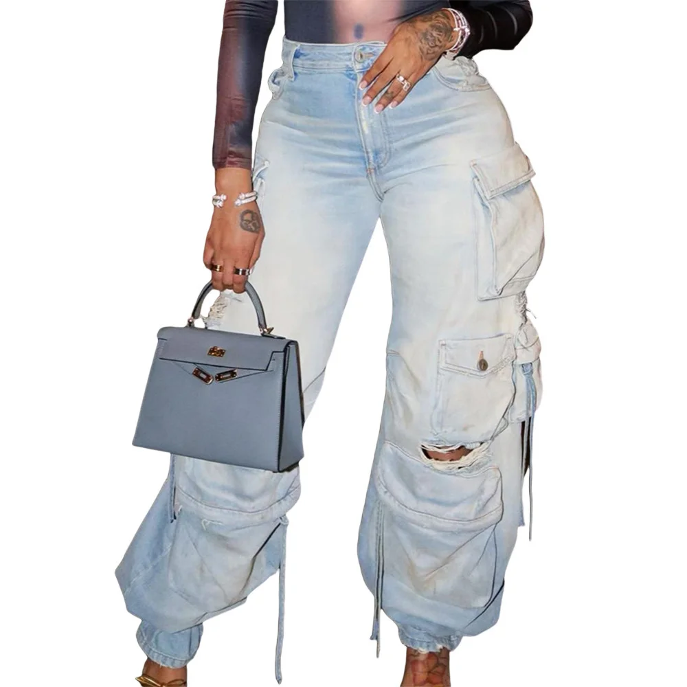 Brownm Brownm Hot Women's New Retro Casual Hole-Breaking Workwear Wide-Legged Multi-Bag Jeans