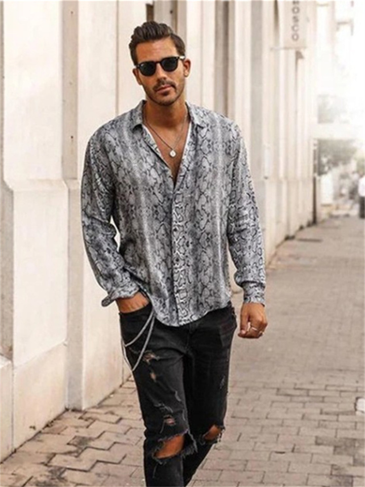 Men's Shirt Snake Print Collar Blue Green Gray Outdoor Street Long Sleeve Button-Down Clothing Apparel Vintage Fashion Ethnic Style Casual