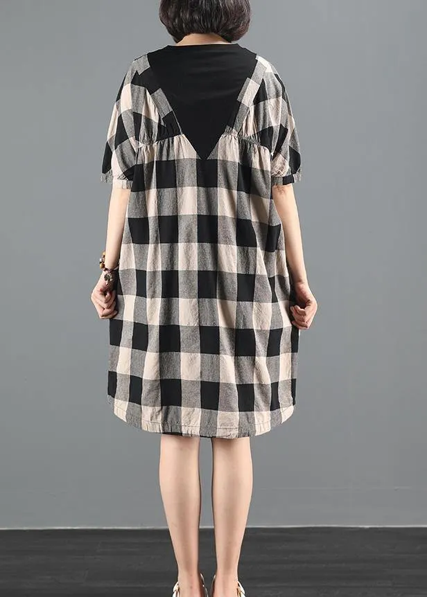 Bohemian o neck patchwork summer clothes linen black plaid Dresses