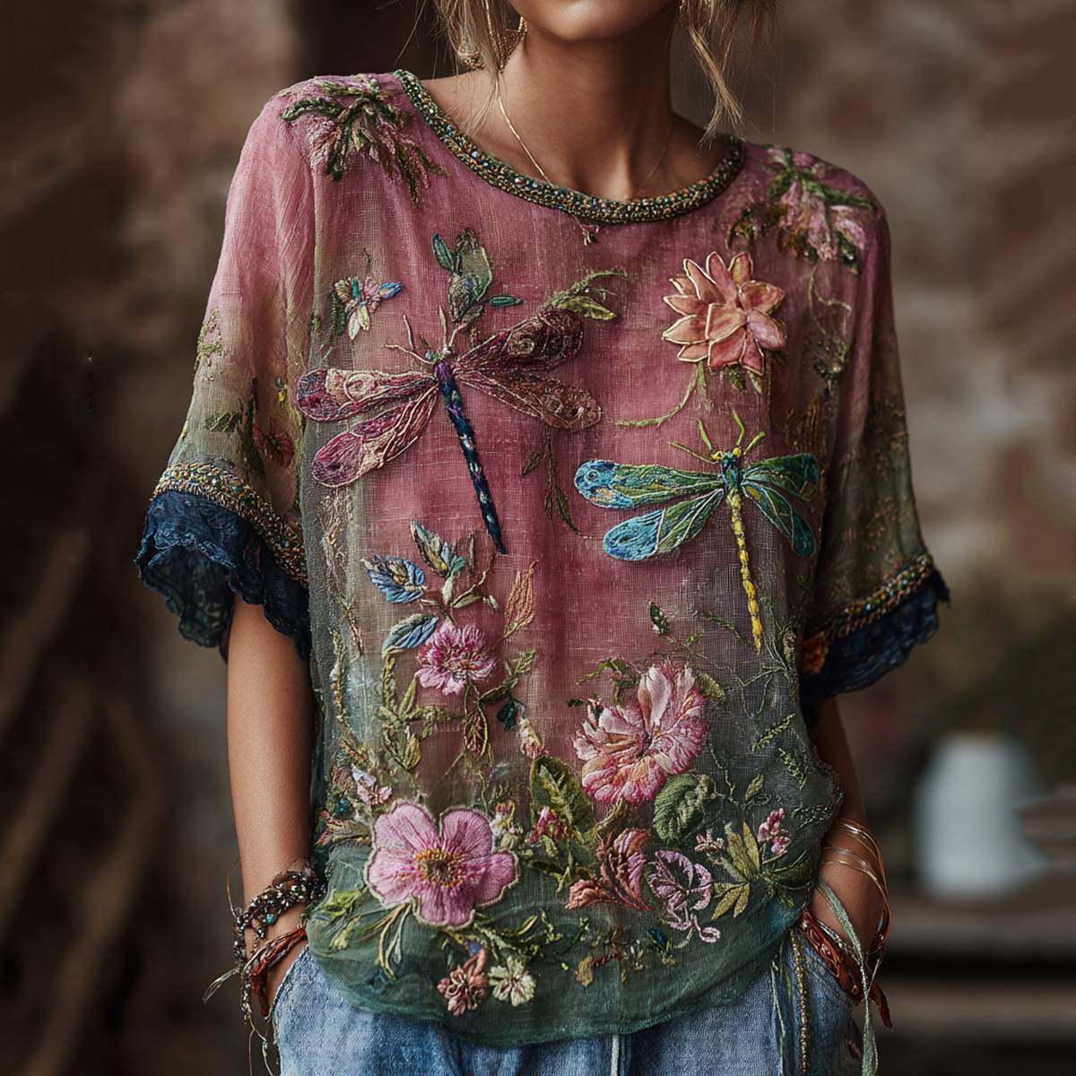 Women's Vintage Dragonfly And Floral Art Print Crew Neck Linen Blend Short Sleeve Tops elevenforest