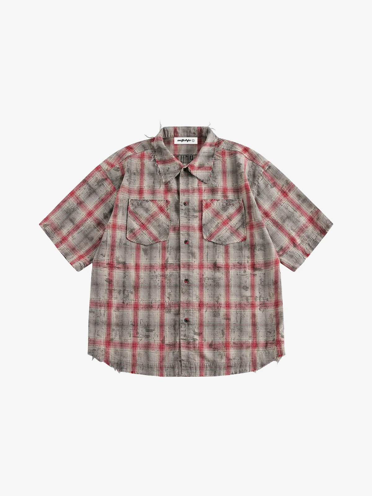 Red Act Chic Distressed Number Patchwork Short Sleeve Shirt Front