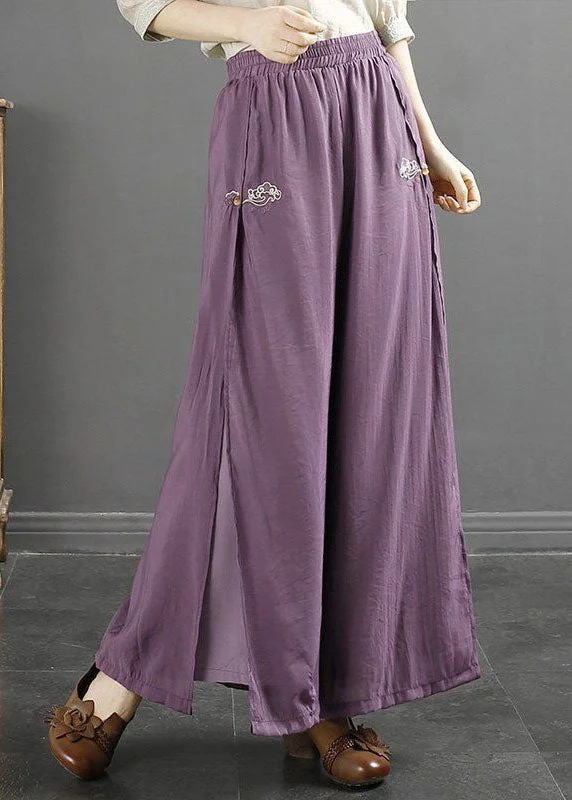 Purple Side Open Patchwork Cotton Pants Embroideried Summer