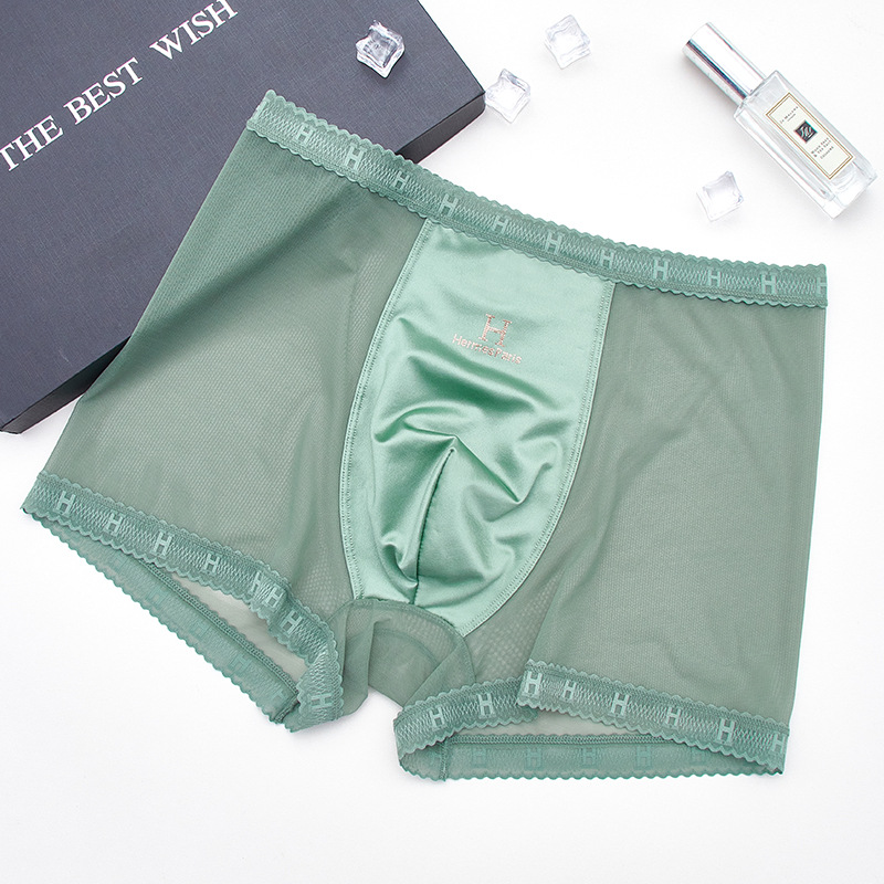 Men's high-end satin luxury lace breathable mesh seamless antibacterial boxer briefs