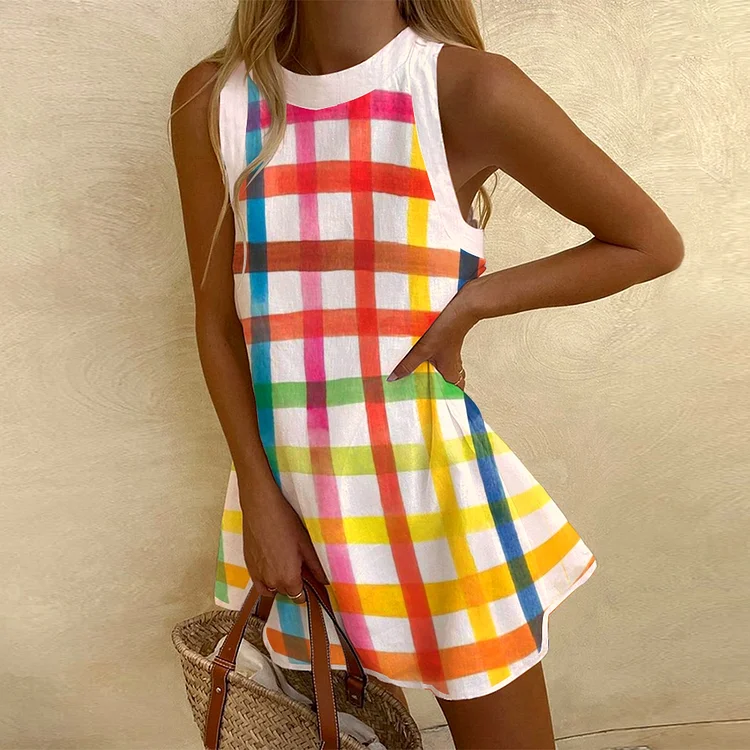 Women's Sleeveless Colorful Line Printed Dress