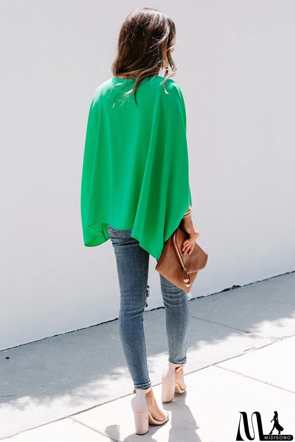 MidiSono - Draped Dolman Sleeves V Neck Blouse