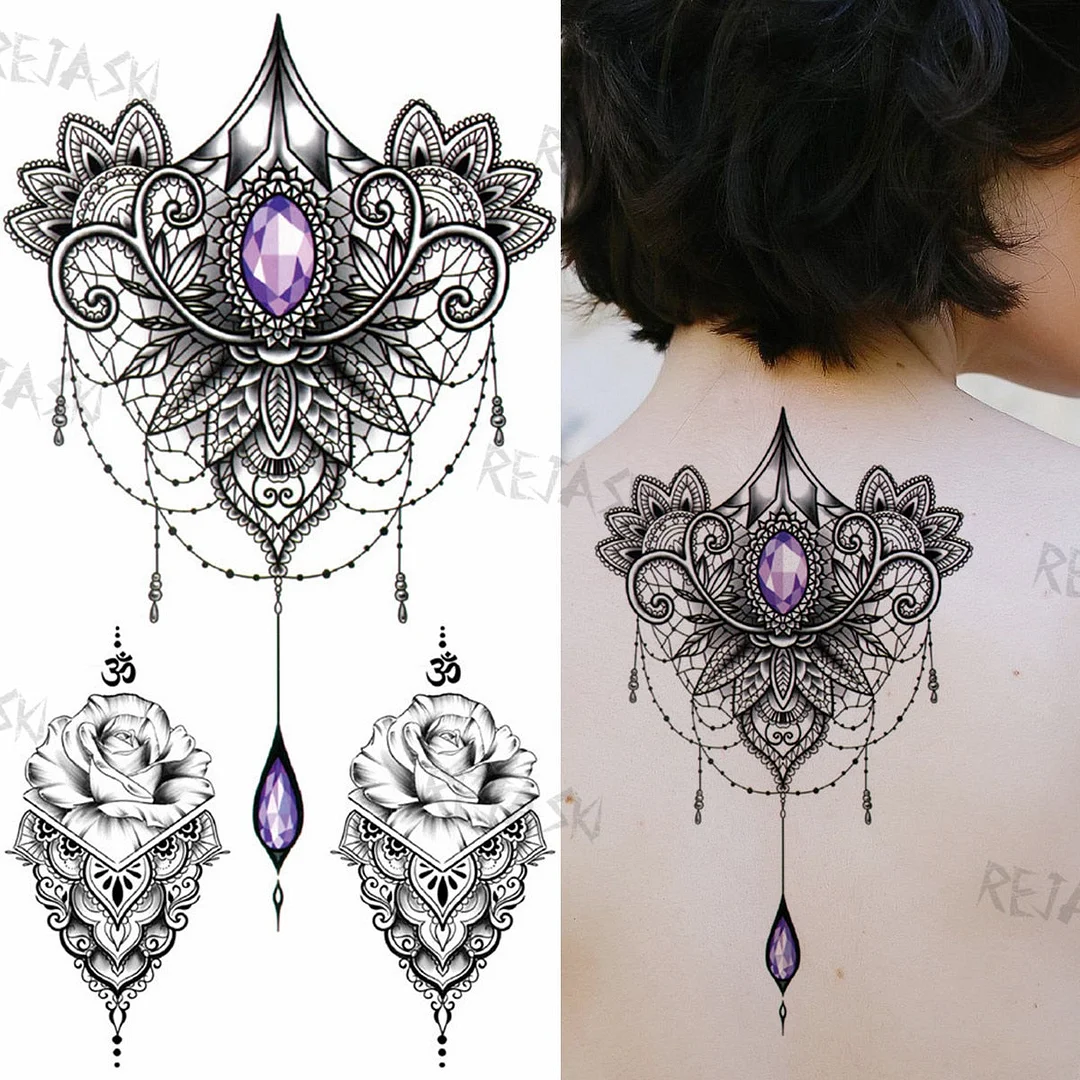 Mandala Flowers Temporary Tattoo For Women Black Henna Mehndi Tattoos Sticker Rose Lace Owl Fake Jewelry Tatoos Body Chest Back
