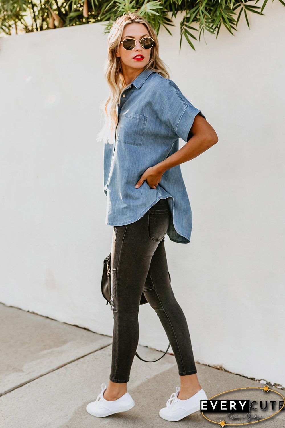 Light Blue Turn-down Collar Short Sleeve Denim Shirt