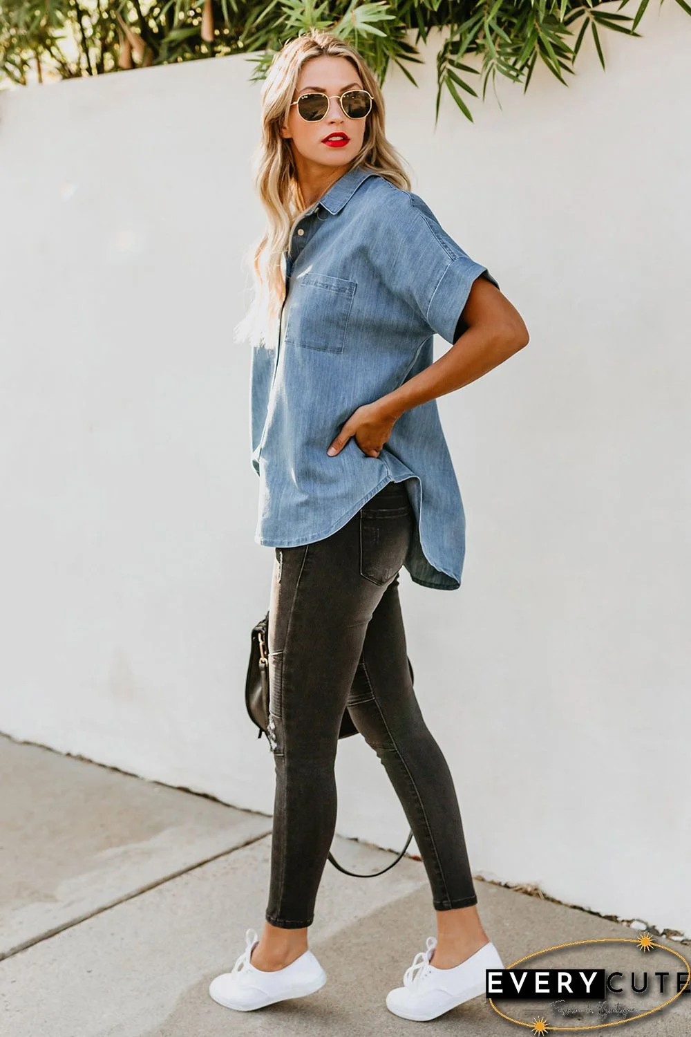 Light Blue Turn-down Collar Short Sleeve Denim Shirt