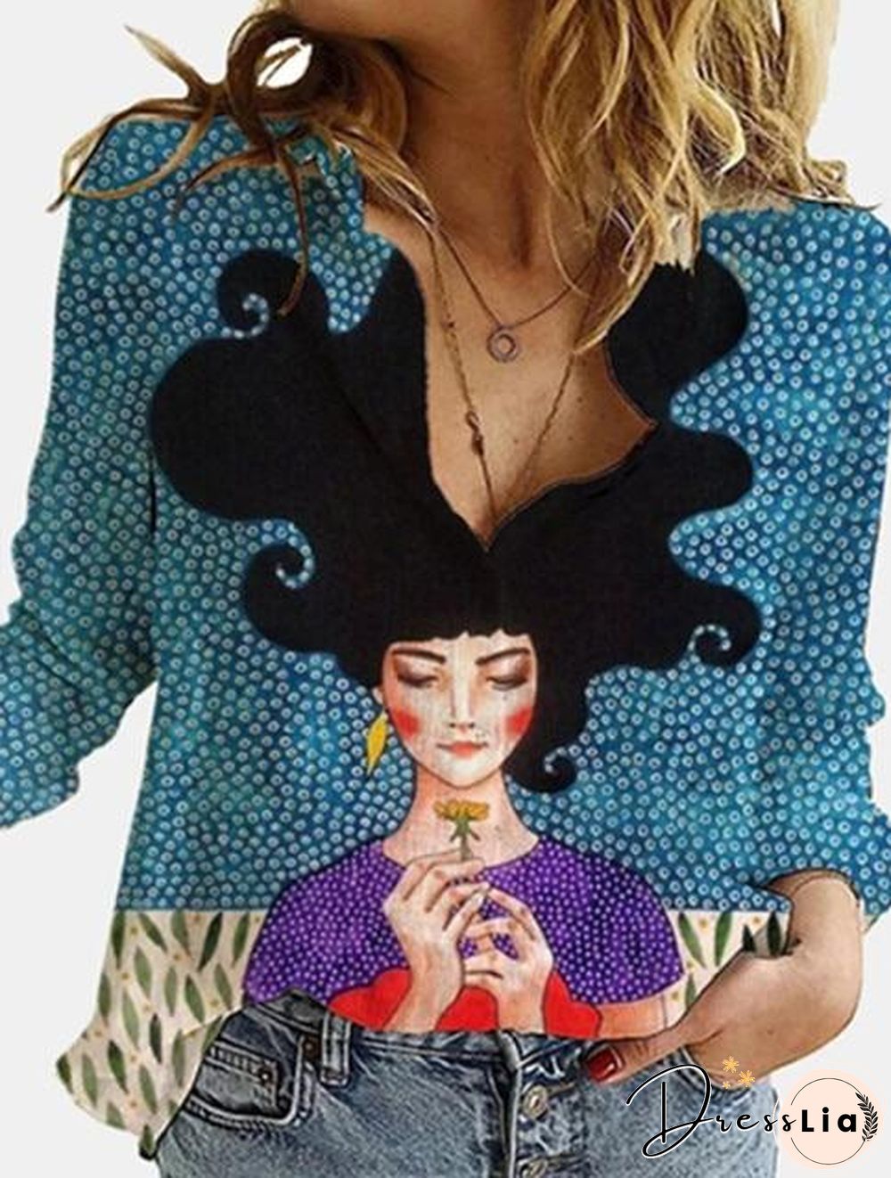 3D Digital Portrait Letter Printing Casual Women's Blouse Spring Autumn New Loose Button Cardigan Long Sleeve Ladies Shirt P10019