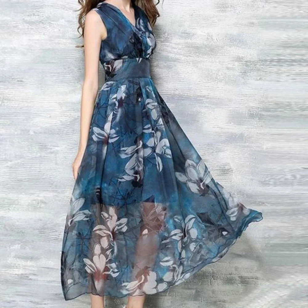 Blue Print V-Neck Maxi Dress