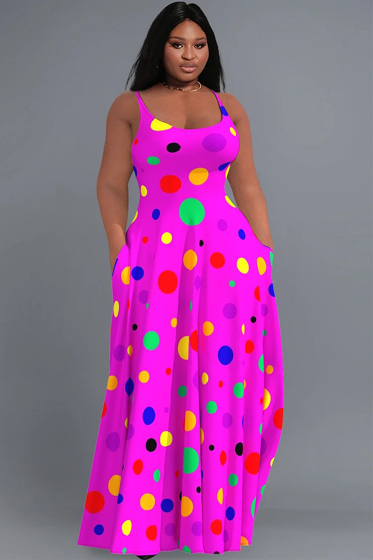 Xpluswear Design Plus Size Casual Sundress Magenta Colorful Polka Dots Cami With Pockets Maxi Dress
