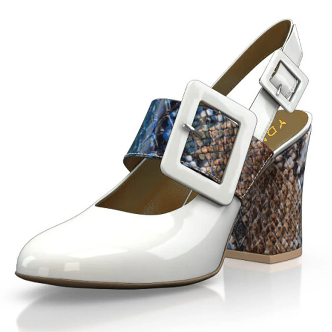 White Patent Leather Snakeskin Patchwork Buckle Slingback Chunky Heels