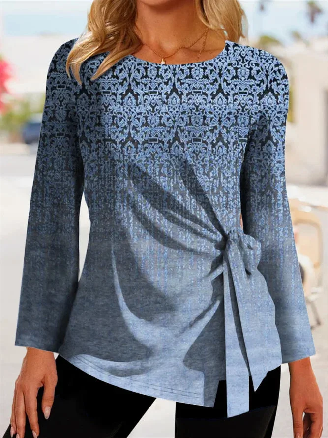 Women's Lace-up Gradient Printed Scoop Neck Long Sleeve Top
