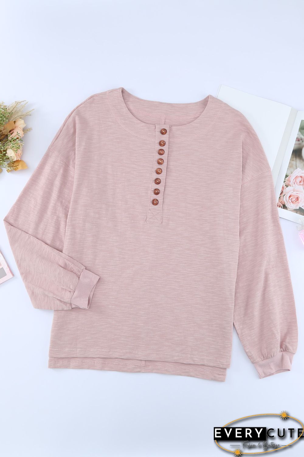 Pink Solid Color Buttoned Front Long Sleeve Top