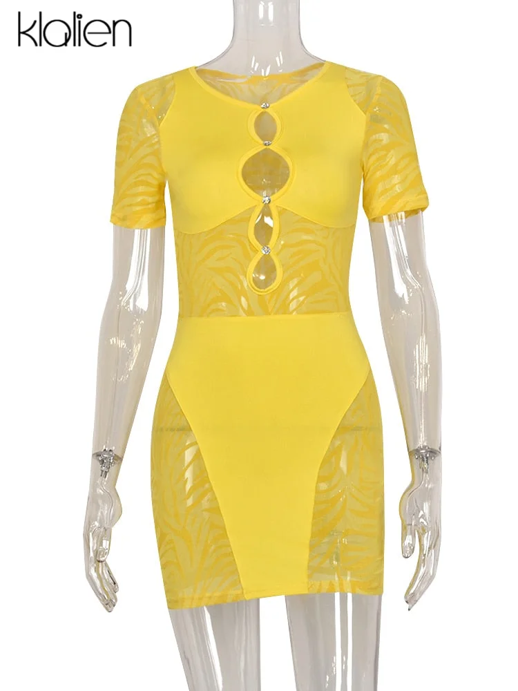 KLALIEN Cut Out Sexy Zebra Mesh Transparent Women's Mini Dress for Beach Holiday Night Club Party Bodycon Pencil Short Dresses