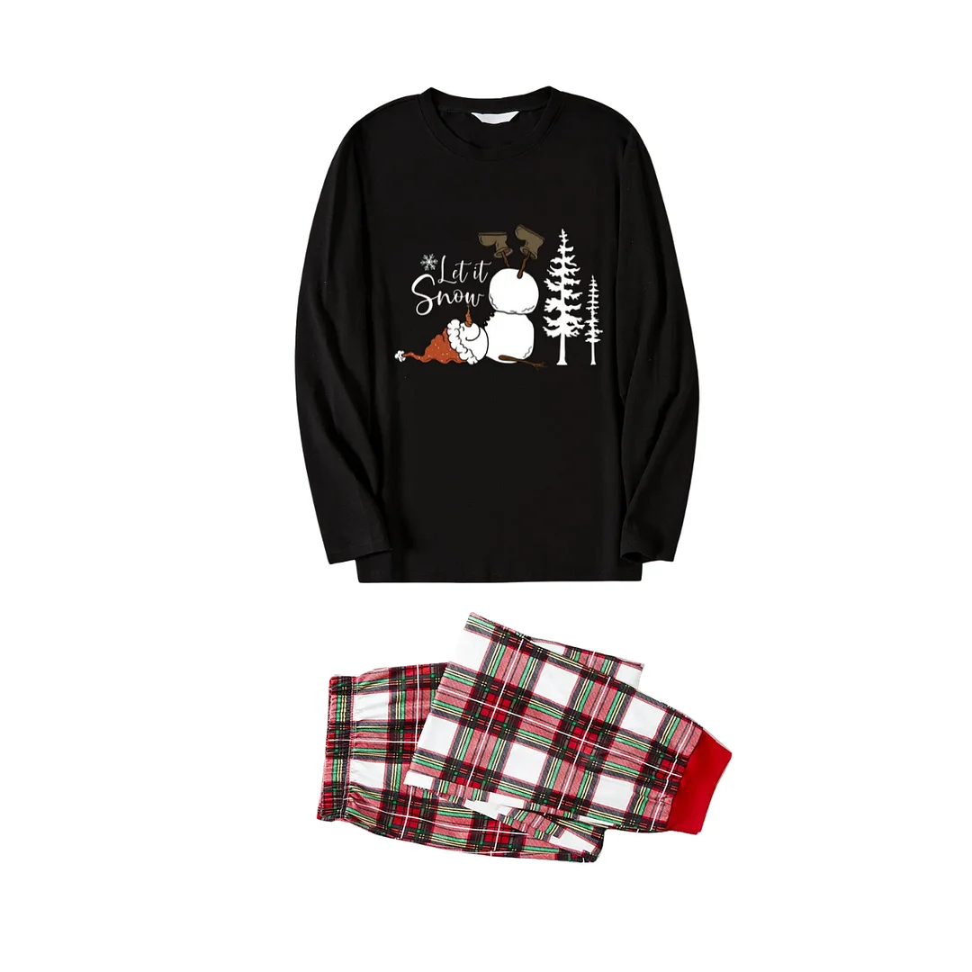 "Let it Snow" Snowman Pattern Black Top with Red & White & Green Plaid Pants Family Matching Pajamas
