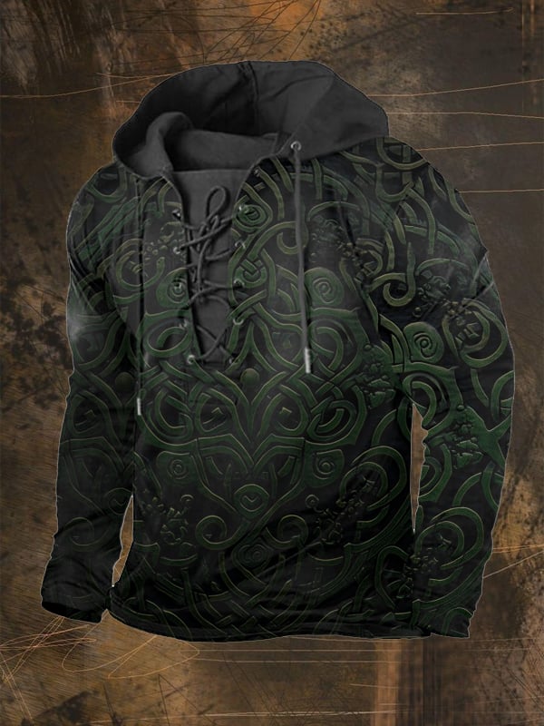 Men's Outdoor Vintage Vikings Print Lace-Up Hoodie