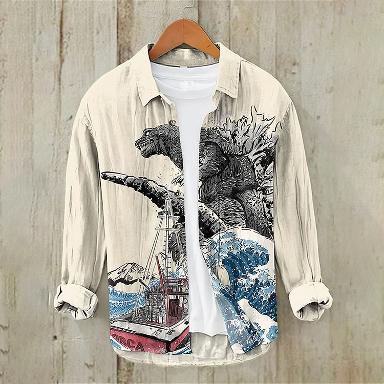 Japanese Ukiyoe Wave And Monster Art Casual Linen Blend Shirt