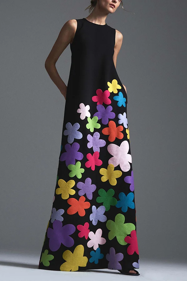Fashion Round Collar Printing Maxi Dresses