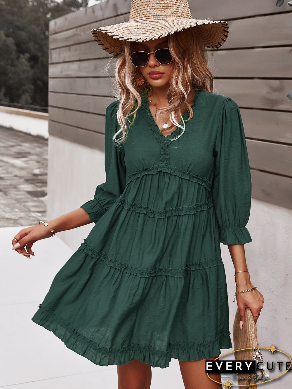 Green V Neck Ruffle Mini Dress