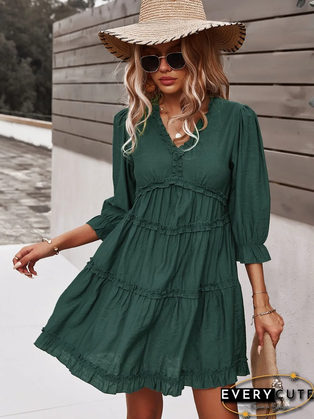 Green V Neck Ruffle Mini Dress