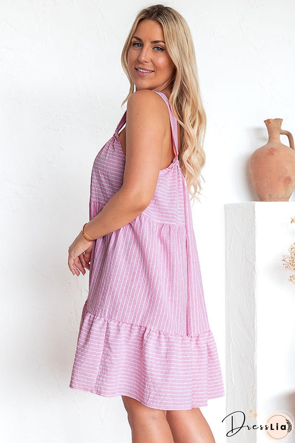 Pink Stripe Pinstriped Ruffled Hem Sleeveless Mini Flared Dress