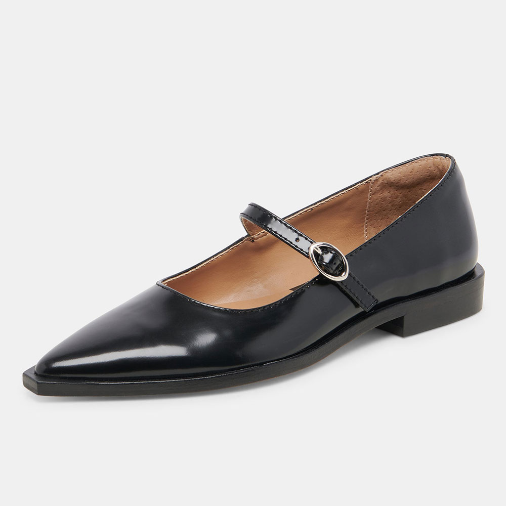 Black Patent Leather Pointed Toe Mary Jane Flats with Buckle Strap Nicepairs