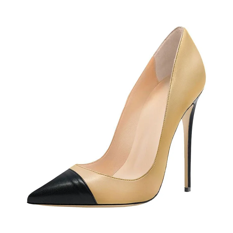 Chic Two-Tone Closed Pointy Toe Stiletto Heel Pumps Shoes in Beige |FSJ Shoes