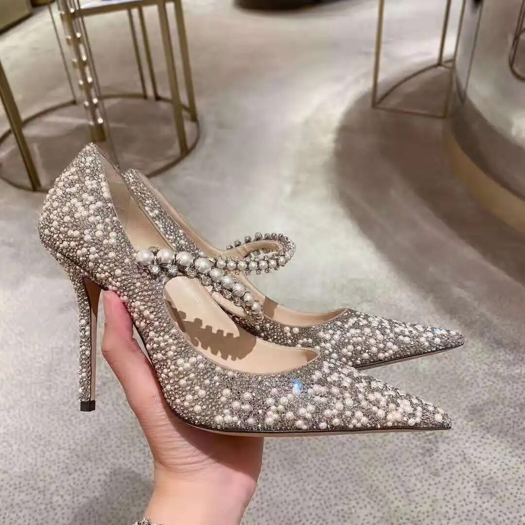 VCSHOES Pearl Crystal Banquet Stiletto Pumps Woman Rhinestones Pointed Toe High Heels Dress Bridesmaid Bride Wedding Shoes