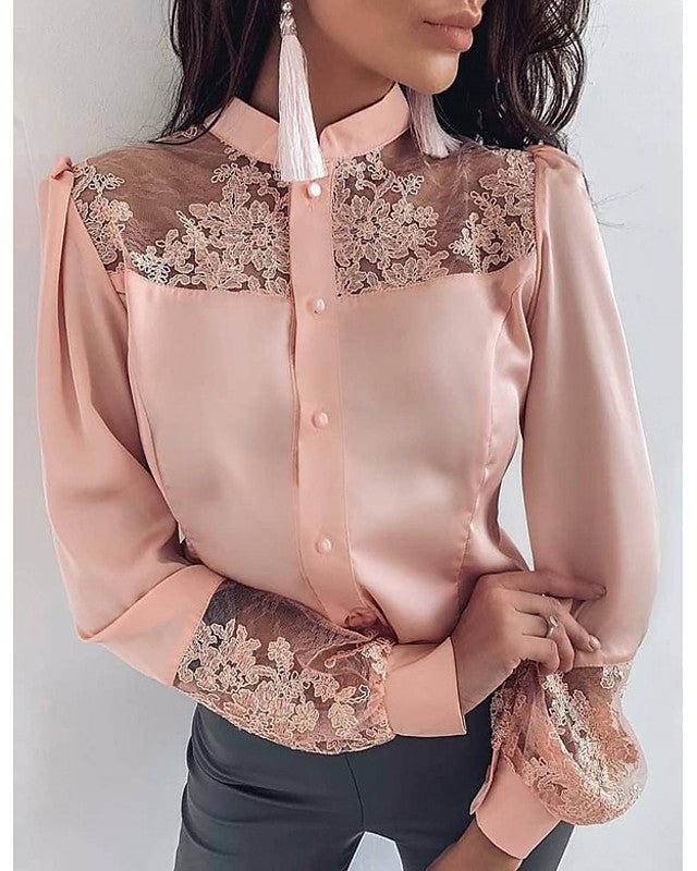 Women's Blouse Shirt Solid Colored Long Sleeve Lace Embroidered Mesh Round Neck Tops Basic Top Blushing Pink / Satin-0202811