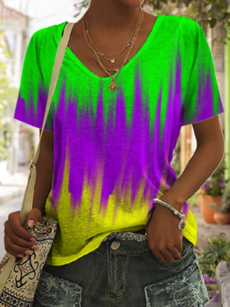 VChics Vintage Mardi Gras Purple Green And Gold Tie Dye Print V Neck T-Shirt