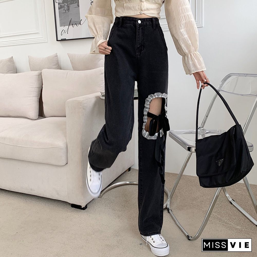 Chic Lace Up Wide Leg Denim Pants