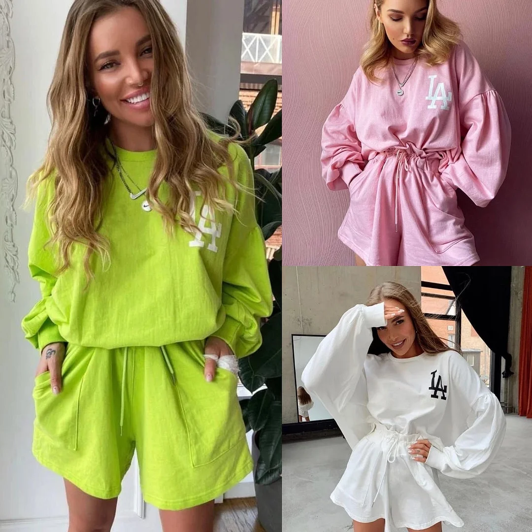 Women's Printed Loose Long Sleeve Shorts Fashion Casual Sweater 2 Piece Set