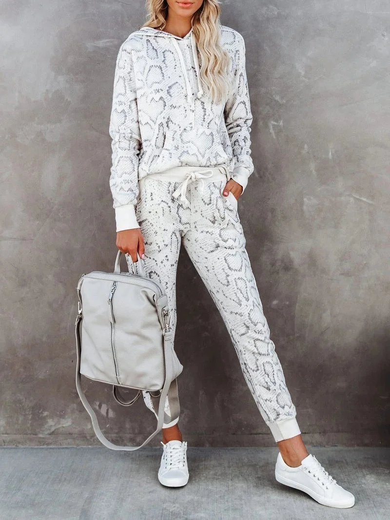 Women's Sets Snake Print Hooded & Elasticated Trousers Two-Piece Suit