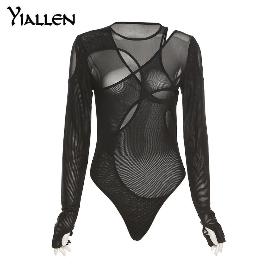 Yiallen Sexy Chic Hollow Mesh Women Bodysuit Long Sleeve O Neck Skinny Stretch Multi-Layer Lady Streetwear Y2K Bodycon Tops