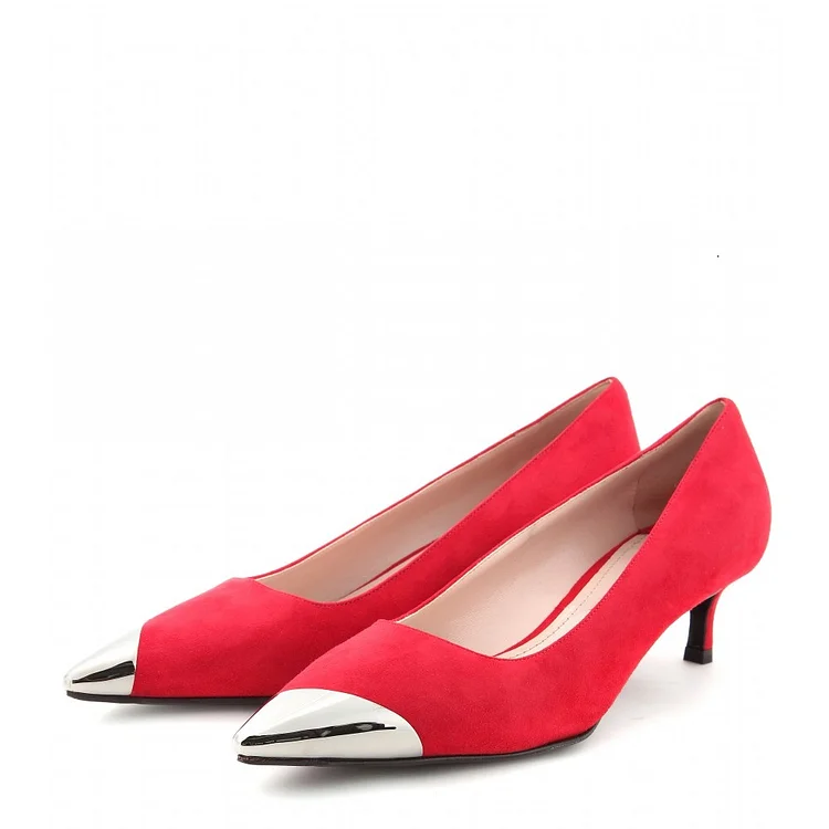 Red Kitten Heels Silver Pointed Toe Heel Pumps Dress Shoes for Women |FSJ Shoes