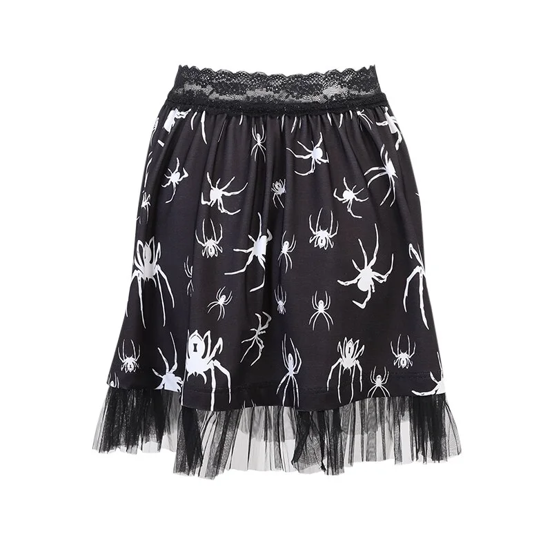 Jangj Gothic Lace Mini Skirts Spider Printed A-Line Skirts Trendy Layered Multiple Mesh Wild Summer High Waist Skirt Grunge Dark Skirt