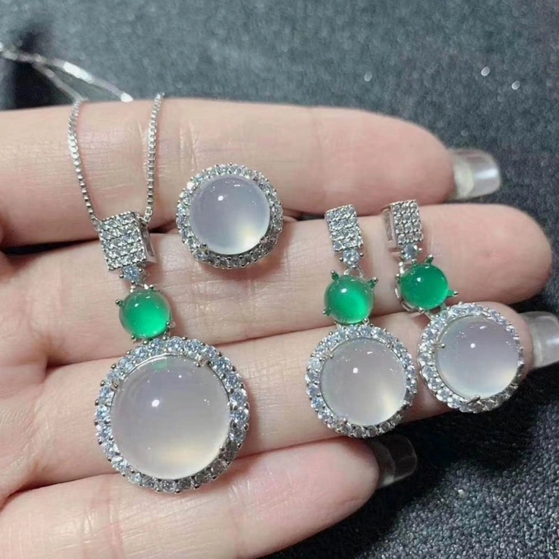 Temperament Fashion Natural Chalcedony Earring Ring Pendant Necklace Jewelry Set High Ice Complete Jade Three-piece Set