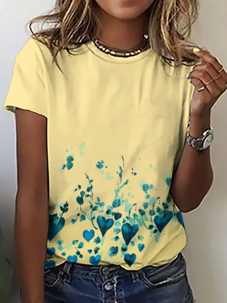 Printed Short Sleeve Casual T-shirt for  Women and Men Unisex Pattern Blue,Yellow,Floral