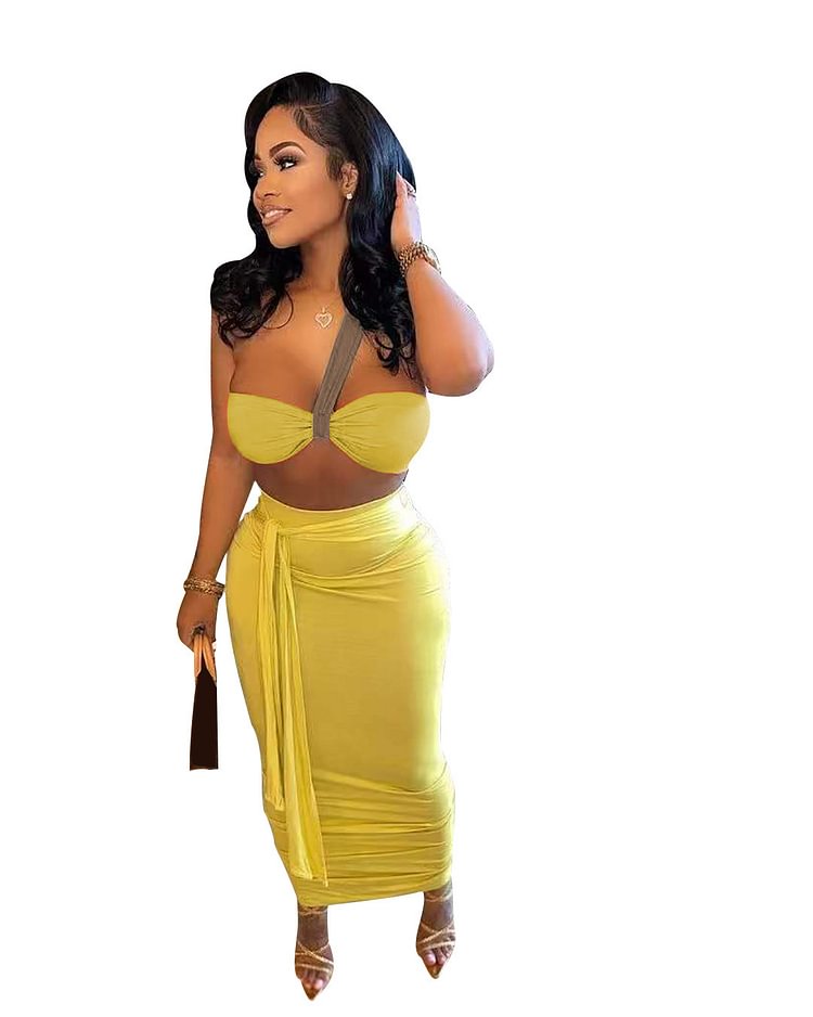 Orange Yellow Fashion Sexy Solid Split Joint Backless Strapless Sleeveless Two Pieces