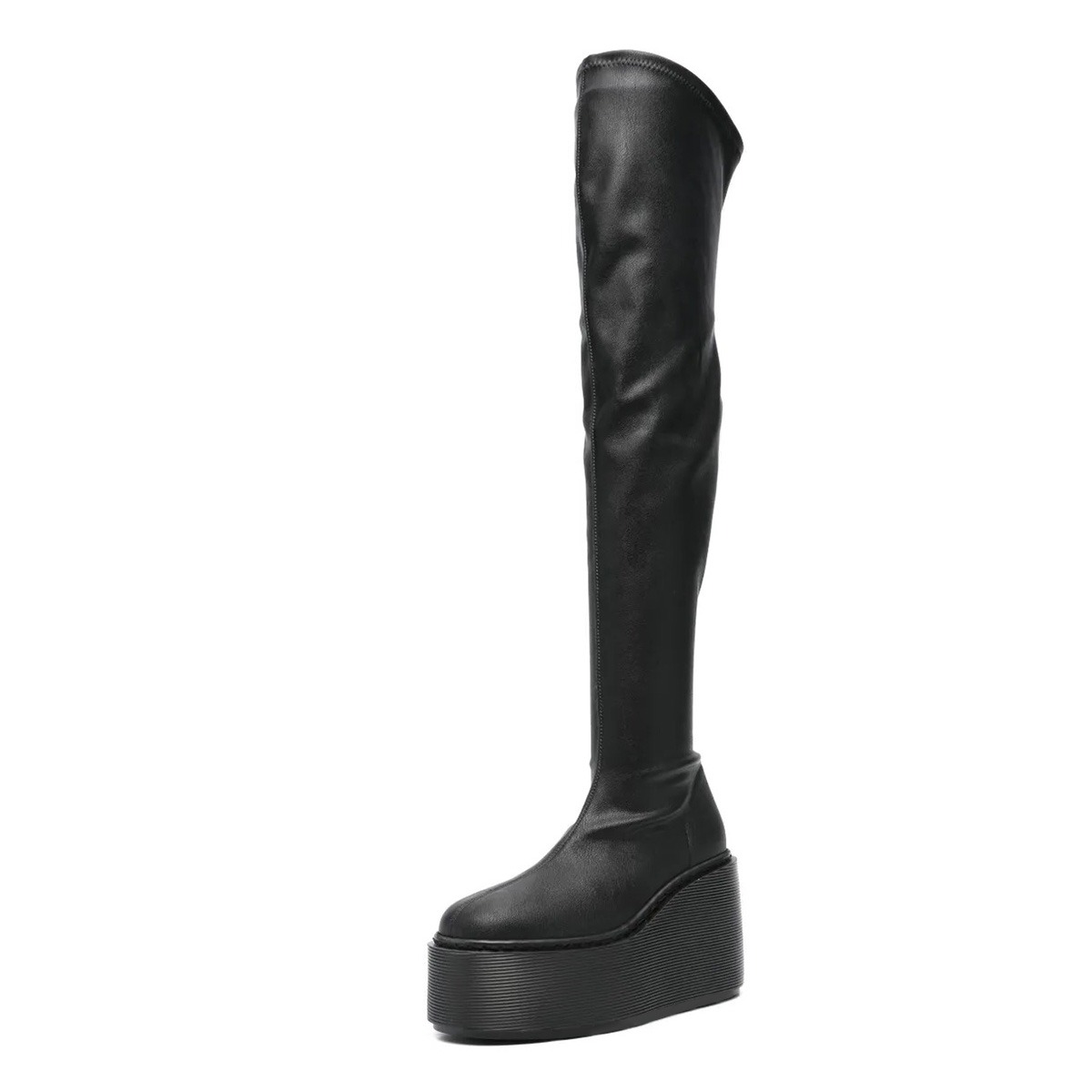 Wedge Heel Round Toe Stretch Thigh High Platform Boots in Black Nicepairs