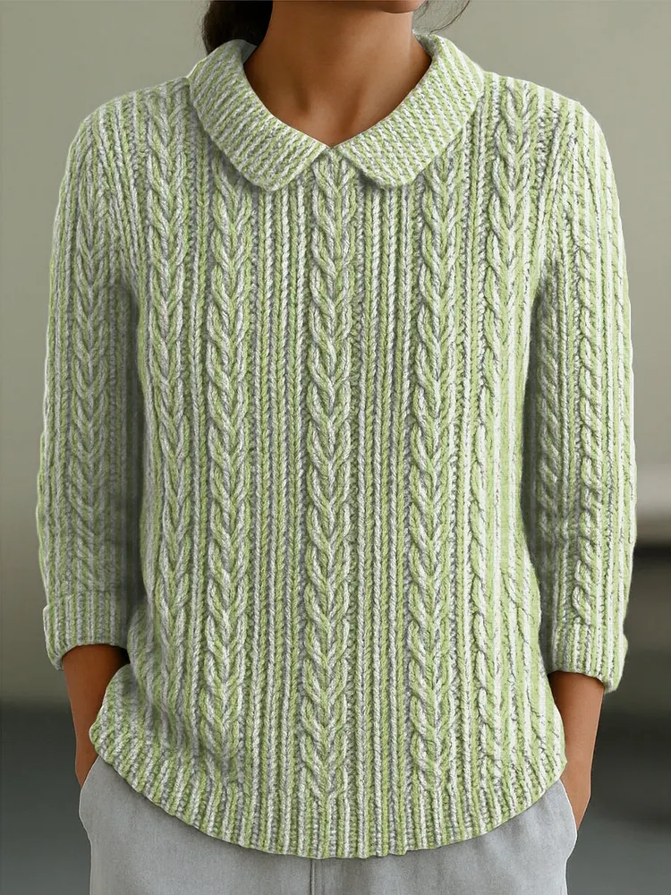 Women's Green Line Pattern Casual Peter Pan Collar 3/4 Sleeve Sweater