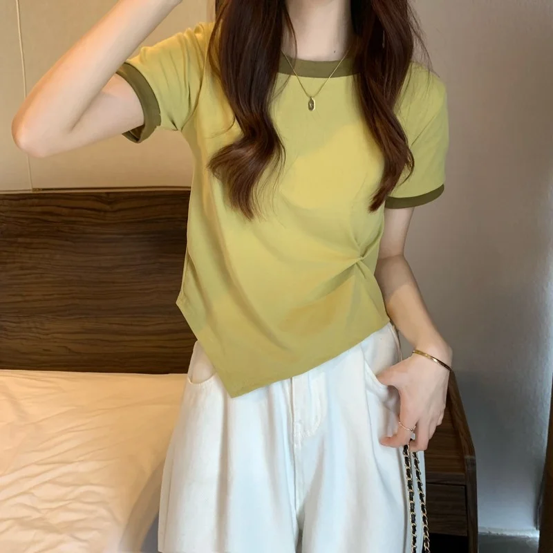 Brownm Brownm Female 2024 New Summer Design Sense Contrast Color T-Shirt Fashion Chic Irregular Short Student Jacket