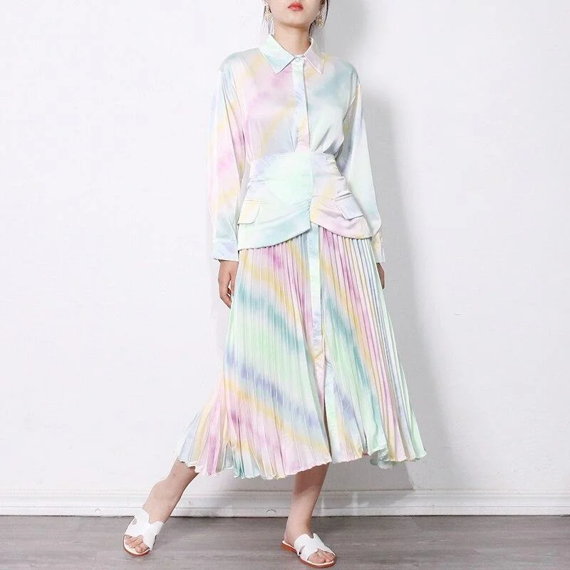 ABEBEY Tie Dye Print Dress For Women Lapel Long Sleeve High Waist Hit Color Elegant Dresses Female Fashion New Spring
