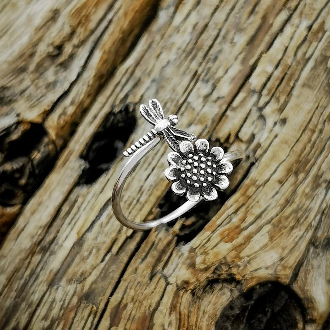 Vintage Sunflower and Dragonfly Adjustable Ring