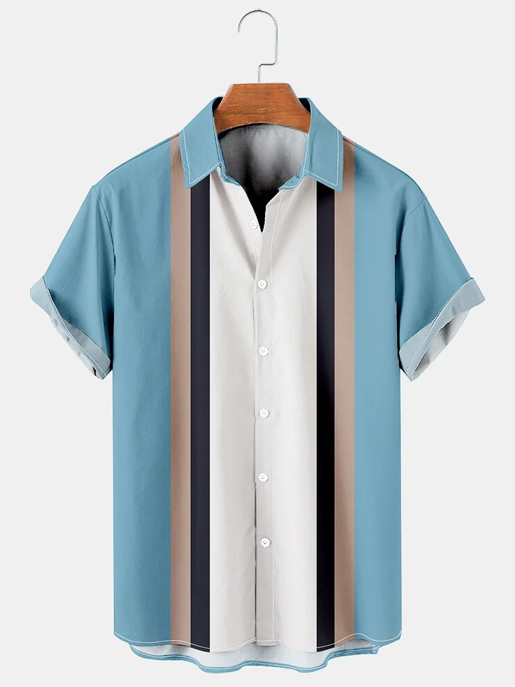 Mens Color-block Striped Casual Breathable Short Sleeve Hawaiian Shirts
