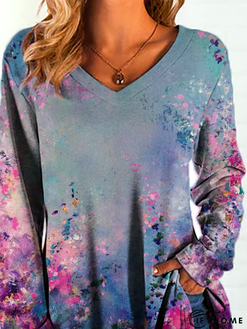 V Neck Floral Long Sleeve Tunic T-Shirt | IFYHOME