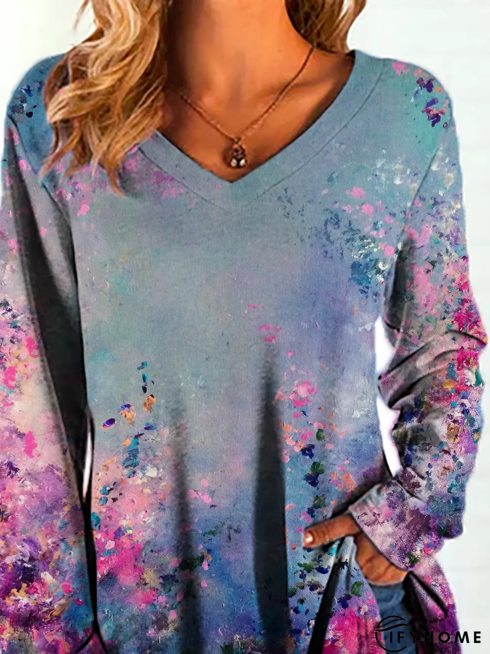 V Neck Floral Long Sleeve Tunic T-Shirt | IFYHOME